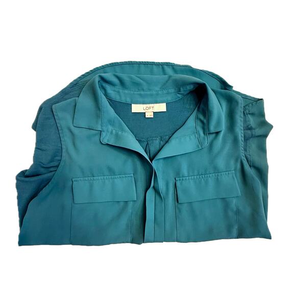 LOFT Teal Blue Mixed Media Sleeveless Split Neck Blouse - Size Medium 💙✨💚 - Picture 7 of 11